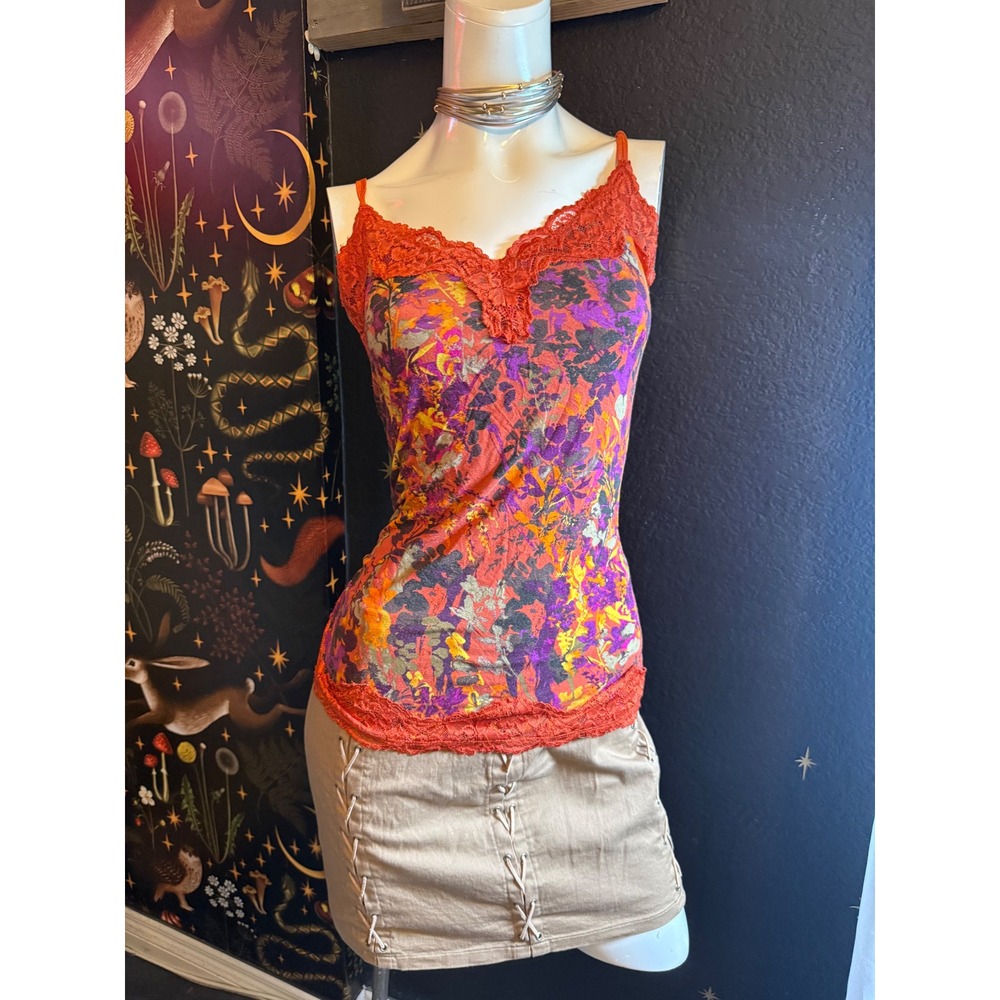 Lane Bryant Floral Lace Trim Camisole Orange Purple Size 14/16 Sleeveless Top